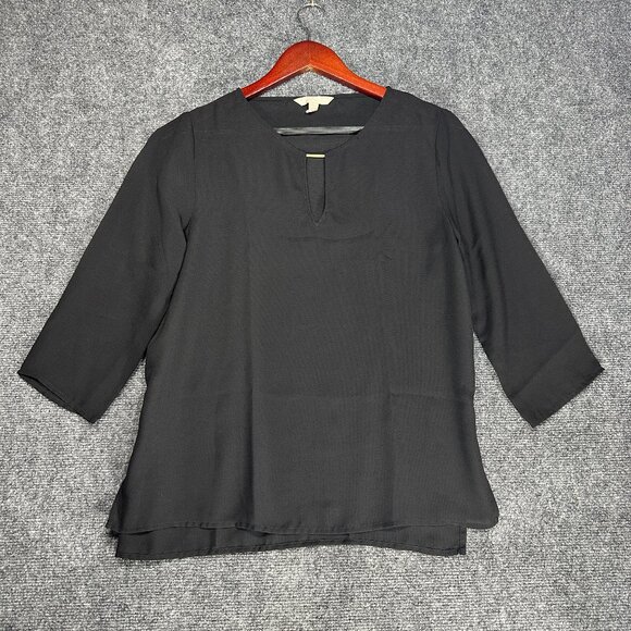 Banana Republic Blouse Womens Small Petite Black Semi Sheer V Neck Gold Detail - Picture 1 of 8